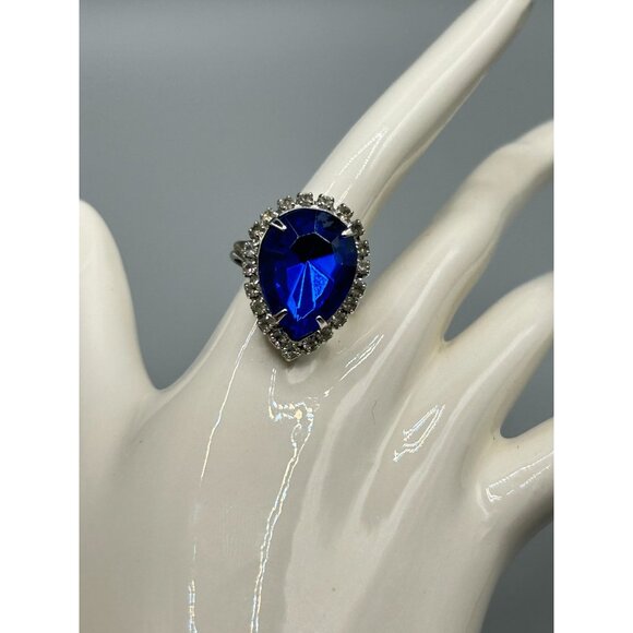 Blue Teardrop Rhinestone Ring with Adjustable Band Statement Costume Ring - Picture 2 of 8